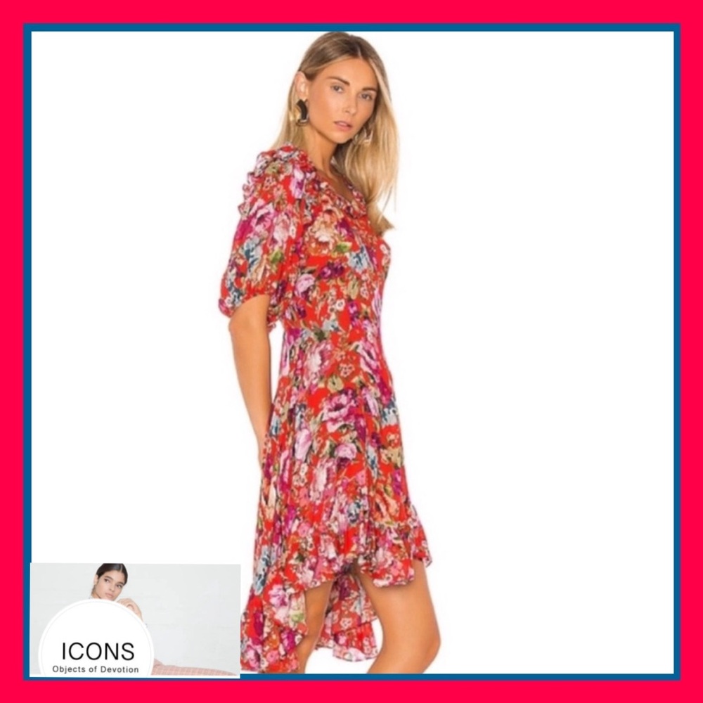 ICONS Objects of Devotion Floral Dress puff sleeve Red Pink Ruffle Neckline Hem